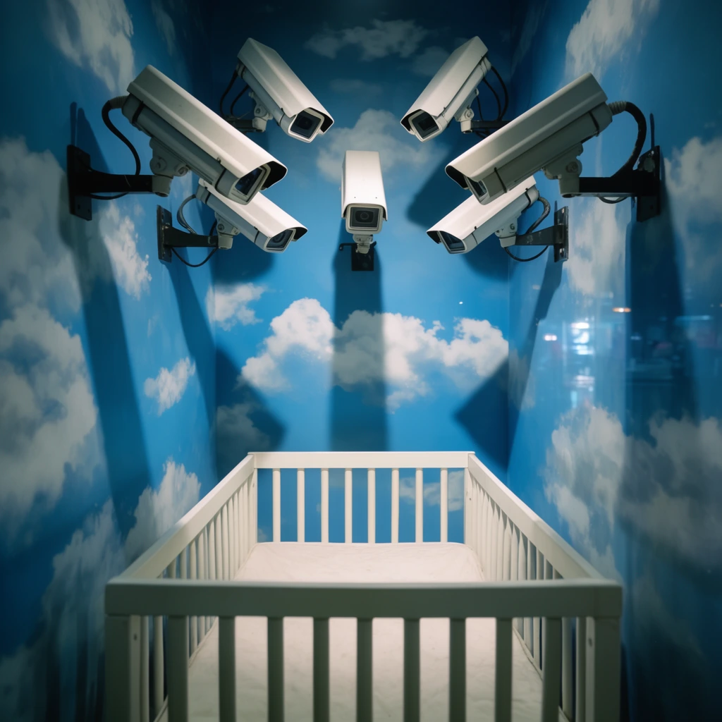 white wooden baby crib viewed from footboard, cluster of white box-style CCTV security cameras hanging from black metal mounts, lenses pointing directly down at crib mattress, bright blue walls painted with fluffy white clouds, dramatic overhead lighting, deep shadows cast on walls, faint glass reflections on right side, surreal dystopian nursery installation, symmetrical framing