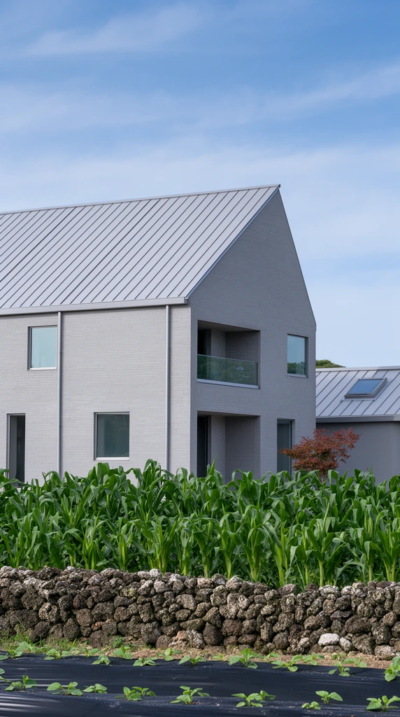 A modern minimalist two-story house with a light gray brick facade and an asymmetrical gabled standing-seam metal roof stands beside a vibrant agricultural plot. The clean exterior features scattered rectangular windows, a recessed second-floor balcony with a glass railing, and vertical downspouts. In the foreground, bright green cornstalks grow densely behind a rustic dry-stone wall made of dark porous rocks, bordered by black landscape fabric with emerging seedlings. A matching gray structure with a skylight sits to the right, alongside a small reddish tree. Captured in sharp exterior architectural photography under bright natural daylight, the rural-meets-modern scene is set against a clear blue sky with soft wispy clouds.