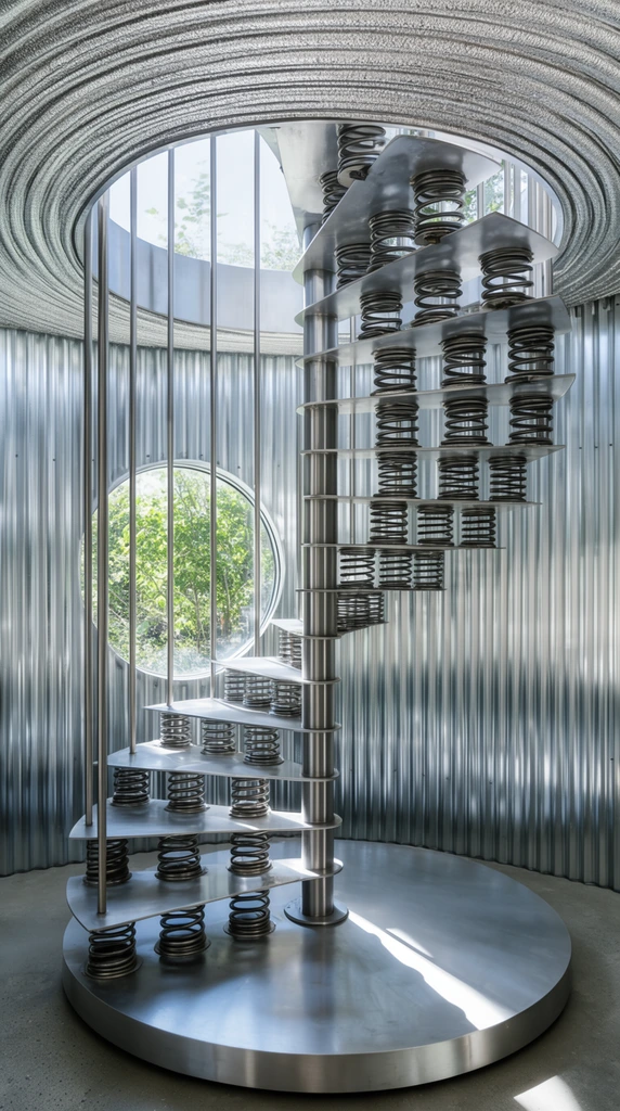 metallic spiral staircase, flat wedge-shaped metal steps, thick industrial coil springs supporting each tread, vertical metal support rods, circular brushed metal base, curved corrugated metal walls, concentric textured ceiling rings, circular window revealing green foliage, bright natural sunlight, modern industrial architecture, cool metallic reflections