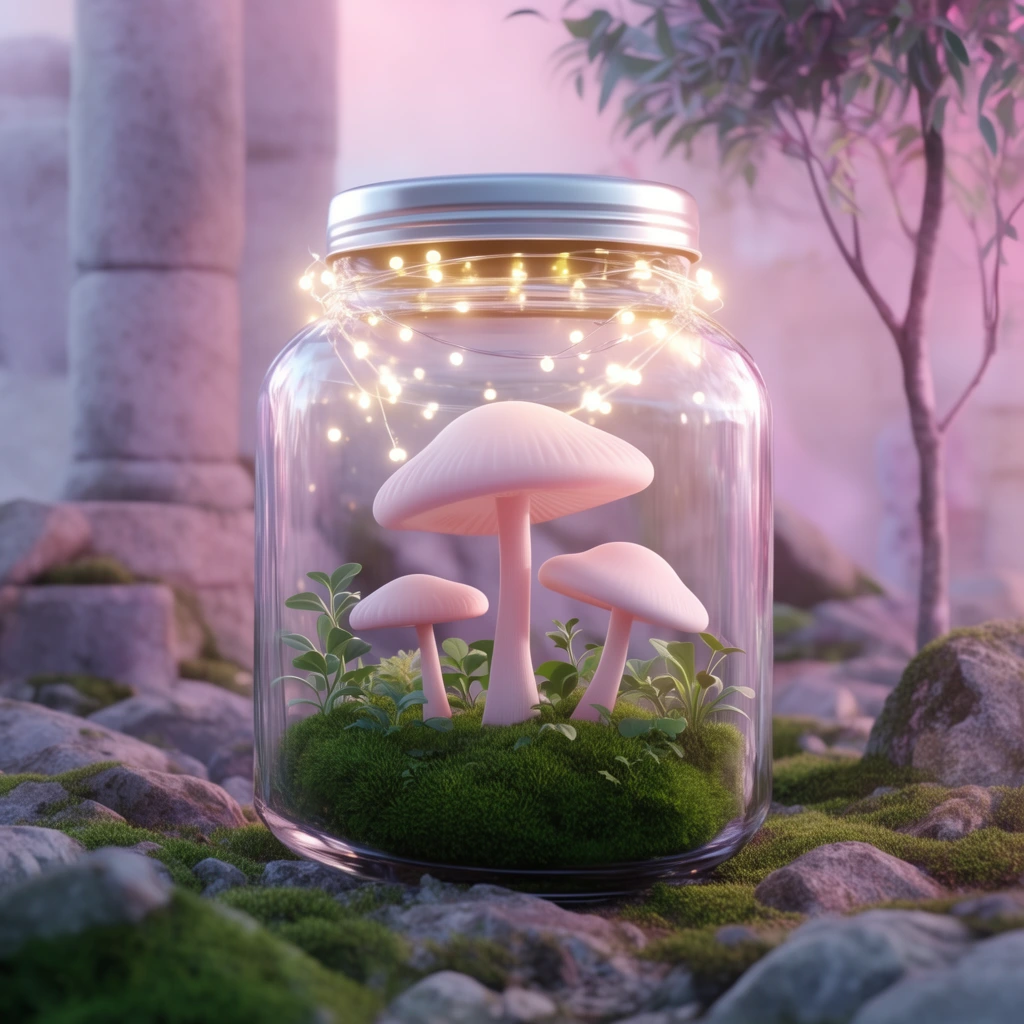 A clear glass terrarium jar rests on rocky, moss-covered ground. Inside, green moss supports three pale pink mushrooms and small plants, illuminated by glowing fairy lights draped near the silver lid. The soft-focus background features stone pillars and a slender tree bathed in dreamy pastel pink and purple lighting. Whimsical 3D render with shallow depth of field.