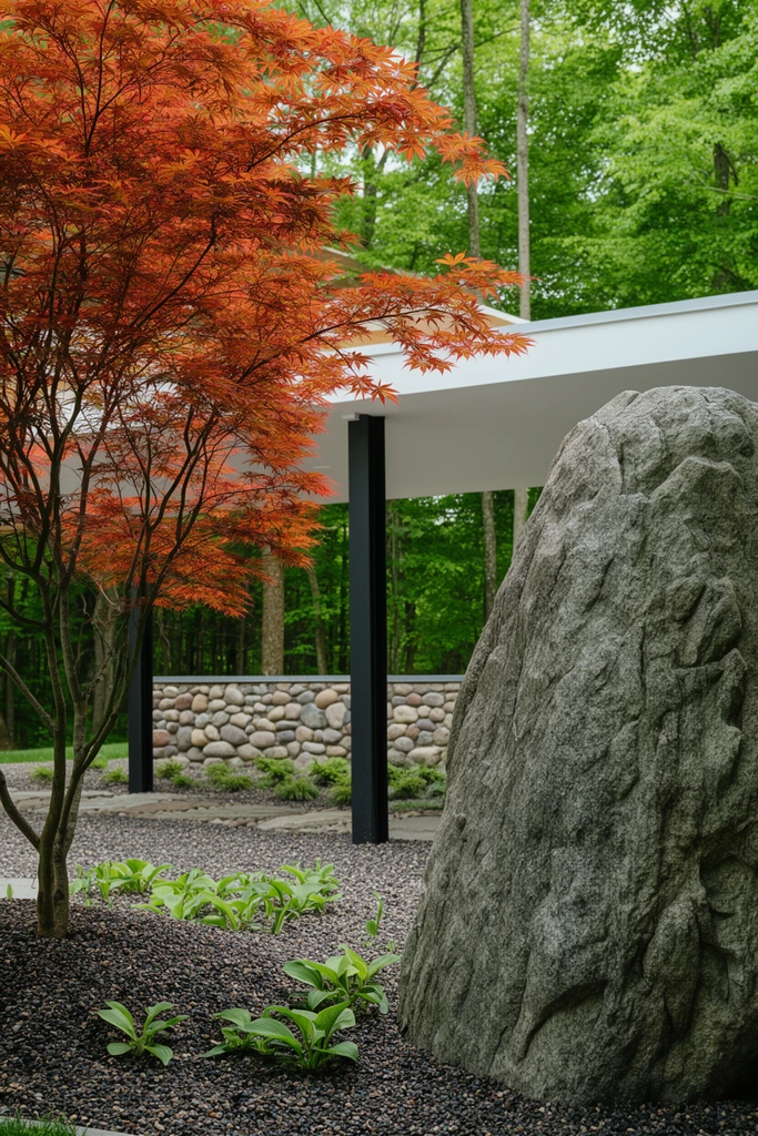 A massive, heavily textured upright gray boulder anchors the right foreground of a manicured gravel garden, its rough surface marked by deep fissures. To the left, a slender Japanese maple tree displays vibrant lacy foliage in vivid shades of rust-orange and red. The ground consists of coarse dark pebbles punctuated by small broad-leafed green plants. In the midground, a modern pavilion features a flat white roof overhang supported by minimalist black steel columns alongside a low retaining wall built from rounded river stones. The landscape is enveloped by a dense forest of tall, vibrant green deciduous trees under soft, diffused natural daylight, highlighting the crisp contrast between the delicate crimson leaves, the rugged stone, and the clean geometric architecture.