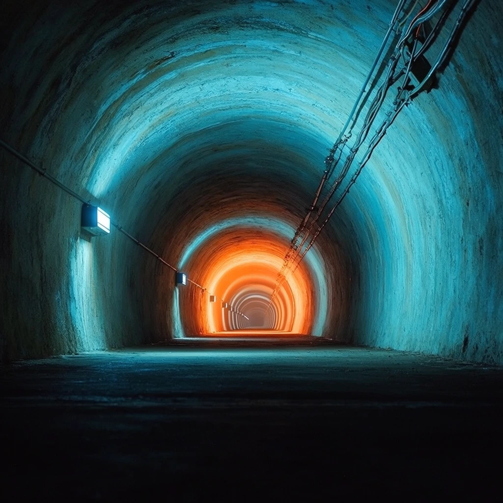 long arched concrete tunnel, central one-point perspective vanishing into the deep distance, vibrant cyan light washing over curved textured walls, intense warm orange glow radiating from the far end, flat dark floor enveloped in heavy foreground shadows, small rectangular light fixtures evenly spaced along the left wall, utility cables running along the upper right ceiling, high contrast cinematic lighting, eerie subterranean atmosphere