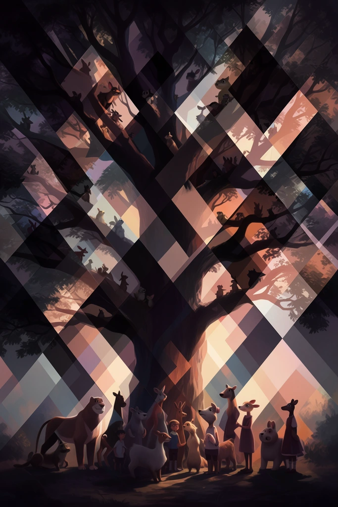 A towering tree heavily populated with small creatures resting within its branches, accompanied by a gathering of various animals and children standing together on the ground directly beneath the canopy. The entire scene is fractured by a prominent, semi-transparent geometric overlay composed of sharp, intersecting diamonds, rhombuses, and triangles spanning the entire frame. This pervasive graphic pattern acts as a kaleidoscopic prism, refracting the underlying organic forms into alternating facets of shifting opacity, exposure, and color temperature. The resulting color palette pairs deep charcoal and heavy, velvety purple shadows against warm, luminous pockets of peach, amber, and soft cream lighting that illuminate the structural shapes. The juxtaposition of the natural subjects against the rigid, modernist geometric masking creates a polished digital aesthetic, where sharp, angular boundaries slice through the atmospheric, cinematic lighting of the woodland tableau.