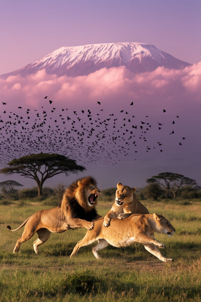 A fierce savanna confrontation captures a dark-maned male lion and a lioness aggressively tackling a fleeing lioness mid-stride. Sharp golden hour light highlights their muscular bodies against the grassy plain. Behind scattered acacia trees and a massive flock of flying black birds, a towering snow-capped mountain peak rises majestically above thick, pink-tinted clouds in a hazy purple sky.