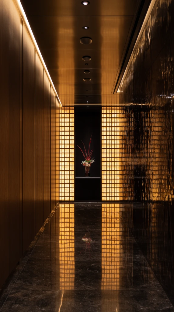 A dimly lit modern corridor features highly reflective surfaces culminating in a glowing amber grid wall. The polished dark stone floor mirrors the luminous rectangular grid at the far end, which flanks a dark alcove displaying a minimalist floral arrangement with slender red stems. The metallic ceiling houses circular recessed fixtures and a continuous warm light strip, illuminating flat wooden panels on the left and a glossy, textured wall on the right. A strict one-point perspective emphasizes the sleek architectural geometry within a moody palette of deep browns, golds, and blacks.