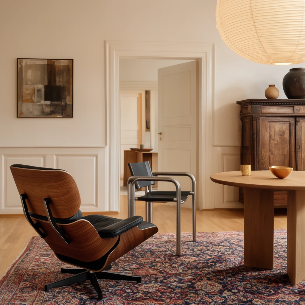 curved wood and black leather lounge chair, ornate rug, tubular steel armchair, round wood table, large paper lantern, open doorway, antique wood cabinet, warm lighting, modern interior