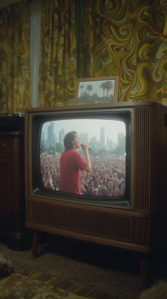 A vintage wood-paneled television set displays a live outdoor concert within a retro living room. The chunky CRT television features vertical grill lines and a glowing curved screen showing a musician in a red shirt singing into a microphone, facing a massive crowd against a hazy backdrop of city skyscrapers. A small framed picture of palm trees rests atop the television. The dimly lit room includes a dark wooden cabinet and curtains covered in psychedelic swirls of mustard yellow, olive green, and brown. The composition features a nostalgic analog film aesthetic with soft focus and muted, earth-toned lighting.