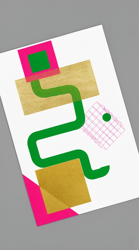 A tilted white rectangular canvas against a solid gray background features a minimalist geometric abstraction. At the top left, a bold pink square outline frames a smaller green square. A textured patch of dense horizontal gold lines sits below, intersected by a thick, winding green tubular line that descends vertically with sharp angles and smooth curves. A delicate pink wireframe grid and a single green dot float to the right of this path. At the bottom left, a solid gold block overlaps a diagonal pink stripe. The composition showcases a flat, vibrant palette of pink, green, and gold with a subtle grainy screen-print texture.