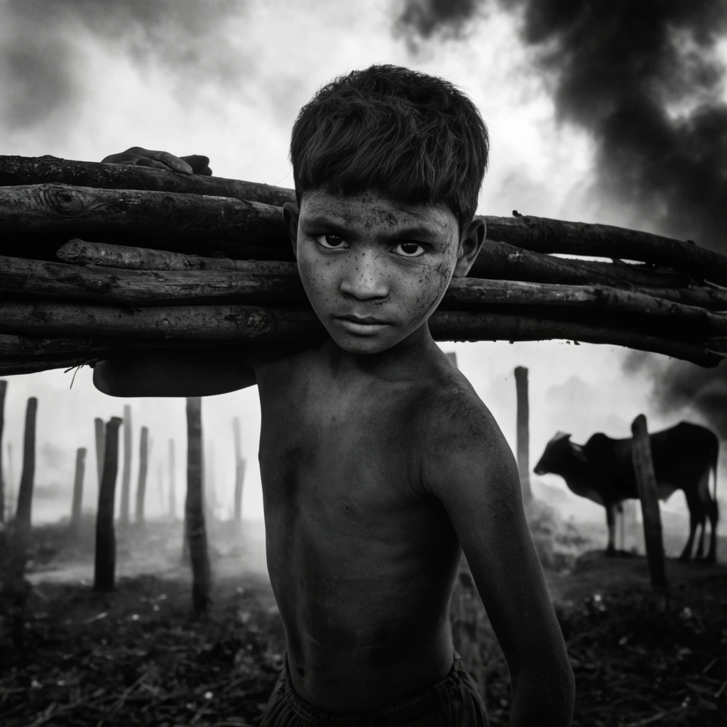 young boy carrying heavy bundle of thick wooden logs across shoulders, intense direct gaze, ash dust on face and bare torso, thick atmospheric smoke billowing in background, silhouette of a standing cow, scattered vertical ground posts, stark black and white photography, high contrast, dramatic backlighting, documentary portraiture