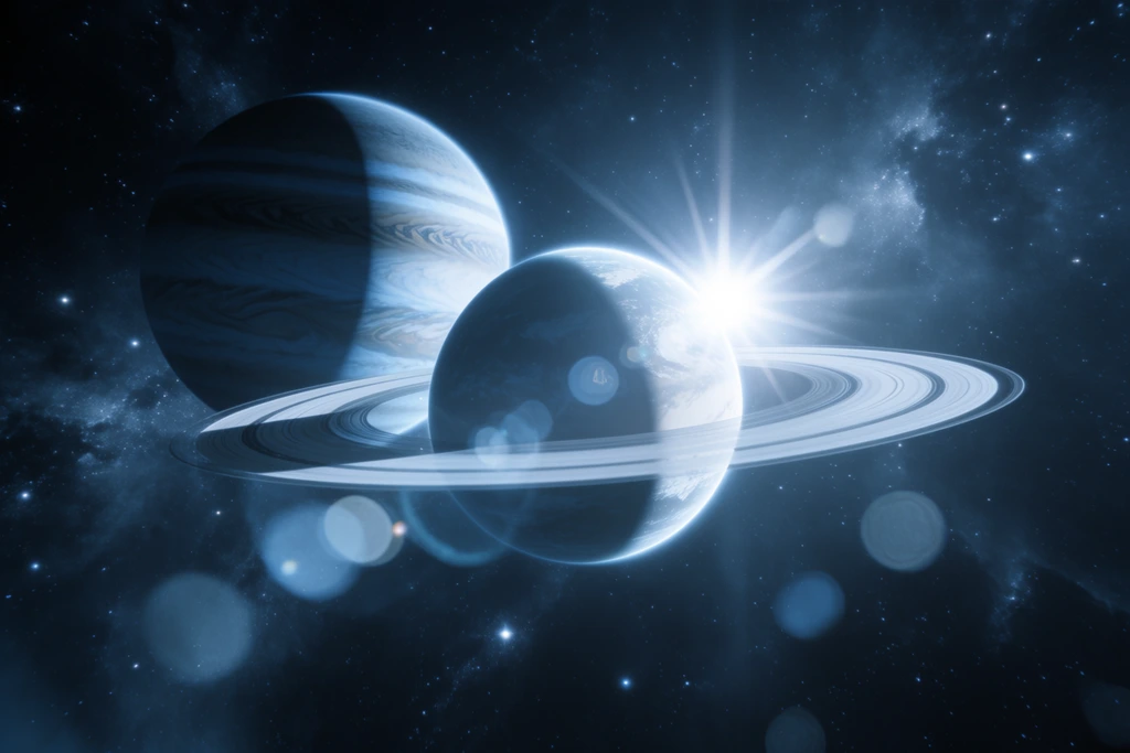 A cosmic scene featuring three prominent celestial bodies in outer space, dominated by a cool, cinematic blue color palette. In the foreground, slightly off-center to the right, is a ringed planet, its pale, textured surface partly obscured by shadows. Multiple bright, concentric rings encircle it horizontally. Behind and to the left of the ringed planet, a massive gas giant looms, its surface swirling with bands of deep blue and lighter, icy hues. A brilliant, intense starlight bursts from behind the right side of the ringed planet, creating a stark lens flare and casting a glow on the planetary bodies and rings. The background is a vast expanse of dark space, densely speckled with a multitude of tiny, glowing stars and faint, nebulous dust clouds. Circular bokeh effects, artifacts of the lens flare, are scattered across the lower portion of the image, enhancing the deep-space photographic aesthetic.