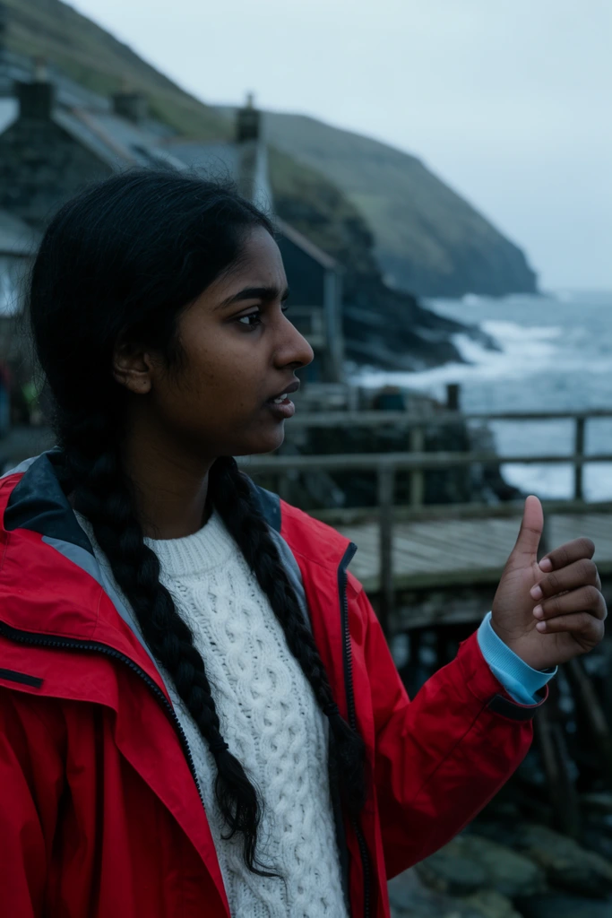 A young South Asian woman with long braided black hair stands on the left in profile, looking intently to the right. She wears a bright red waterproof sailing jacket over a thick white cable-knit sweater. Her right hand is raised in a communicative gesture with her thumb extended upwards and fingers gently curled, revealing a light blue undershirt cuff. The slightly out-of-focus background features a rugged coastal fishing village under a soft overcast sky, showing steep dark stone cliffs, a turbulent grey ocean, and a weathered wooden pier. The cinematic portrait photography uses a cool, moody color palette and shallow depth of field to isolate the subject against the atmospheric maritime landscape.