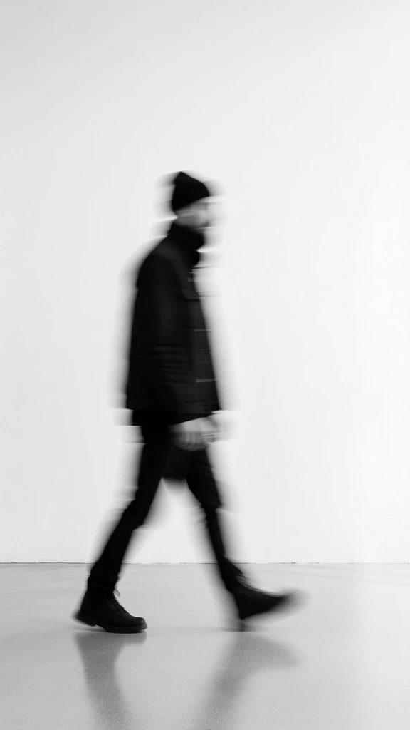 A blurred, black-and-white vertical photograph captures a solitary figure walking across a minimalist indoor space. The figure, dressed entirely in dark clothing including a jacket, trousers, and a beanie, is positioned in the center-left and moves toward the right side of the frame. Due to a slow shutter speed, the person’s form is heavily motion-blurred, creating a ghostly, streaked appearance that obscures facial features and fine details of their attire. The person’s right leg is extended forward in mid-stride, while their left foot remains planted on the reflective ground. The background consists of a flat, stark white wall that occupies the majority of the frame, meeting a smooth, light-colored floor at a sharp horizontal line near the bottom. The floor reflects the dark shape of the figure’s boots and legs. The lighting is bright and even, casting no distinct shadows other than the soft reflection on the floor. The composition is minimalist and high-contrast, utilizing a side-profile perspective that emphasizes the sense of movement against the static, void-like environment.