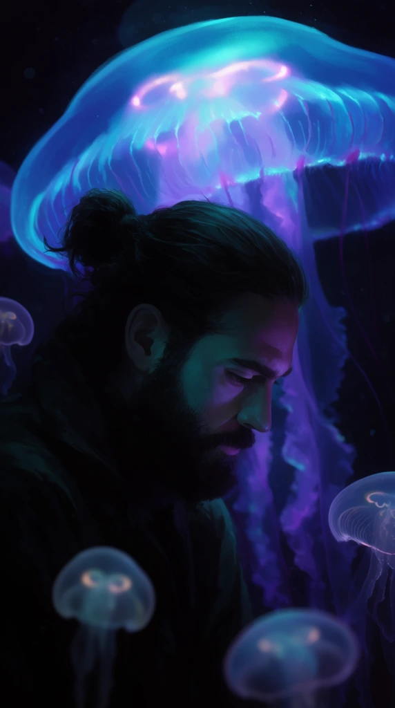 A cinematic digital painting of a bearded man in profile looking downward, immersed among bioluminescent jellyfish. Intense neon cyan and purple light emanates from a massive jellyfish behind him, heavily highlighting his face and dark tied-back hair against a deep black background. Small translucent jellyfish float in the out-of-focus foreground, creating a moody, atmospheric depth of field.