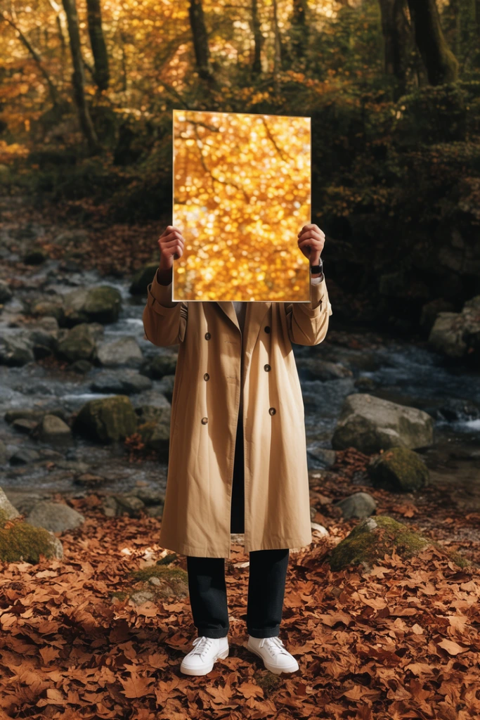 person holding a rectangular mirror obscuring their head, mirror reflecting golden autumn foliage, tan trench coat, dark pants, white sneakers, standing on a leaf-covered forest floor, rocky stream background, surreal concept photography, warm natural lighting