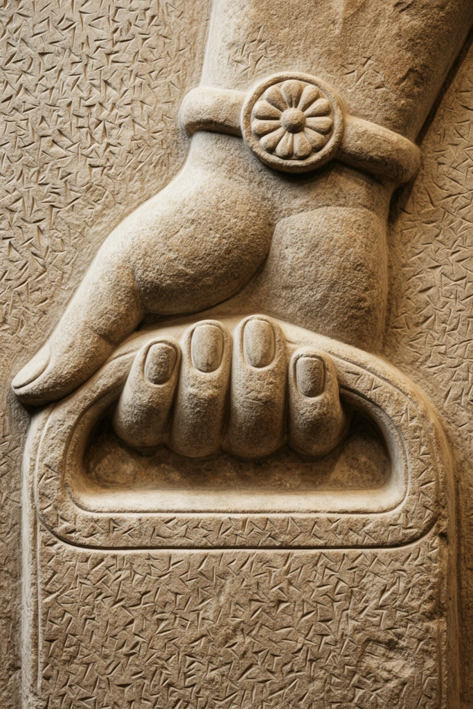 ancient stone bas-relief carving, close-up of a large stylized hand gripping a curved handle attached to a rectangular vessel, thick wrist wearing a bracelet with a prominent multi-petaled rosette medallion, pronounced oval fingernails, warm beige granular rock texture, entire surface densely layered with repeating wedge-shaped geometric chisel marks and angular indentations, sharp raking light emphasizing sculptural depth, tight framing on the hand and vessel, highly textured archaeological aesthetic