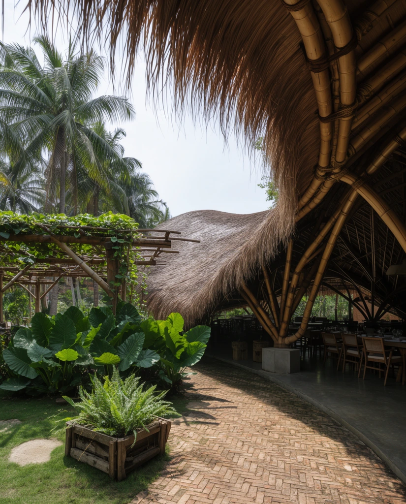 sweeping undulating bamboo roof with thatched palm fringe, semi-outdoor tropical dining space, deep shade under architectural canopy, lush green garden with brick pathway, wooden trellis draped in vines, large elephant ear plants, ferns in rustic wooden planter, tall palm trees, bright daylight, dappled shadows, earthy natural textures, architectural photography, wide angle perspective
