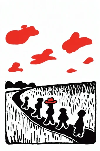 Graphic Mid-Century Whimsy style reference image — bold red black and cream palette