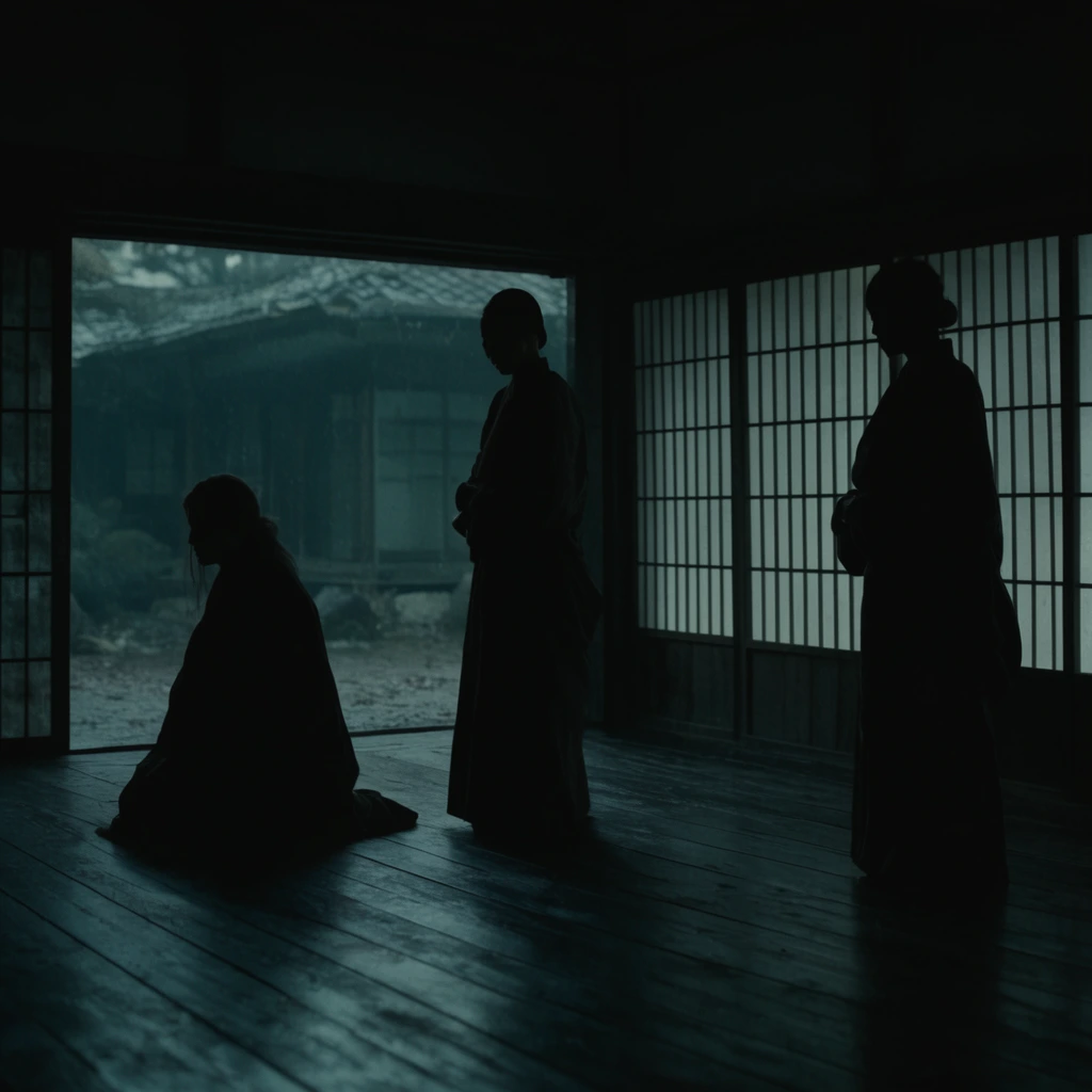 three silhouetted figures in a dark room, wooden floor, glowing shoji screens on the right, open doorway showing an overcast courtyard, one kneeling figure, two standing figures, muted teal palette, cinematic wide shot, deep shadows, moody atmosphere, high contrast