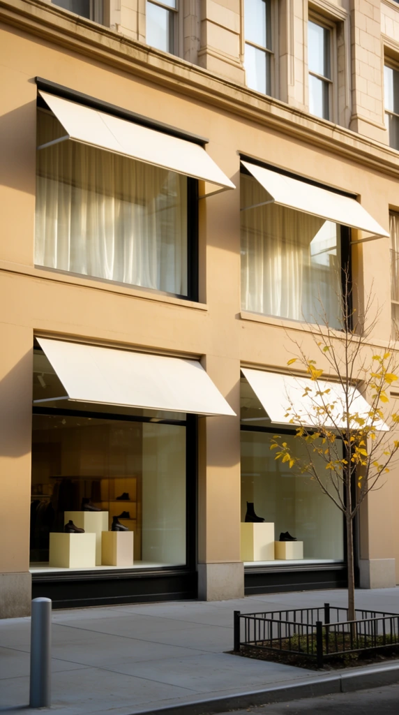 A tan commercial building facade with clean architectural lines is bathed in warm sunlight. The ground level features two large black-framed glass storefronts shielded by off-white rectangular awnings, displaying dark footwear on minimalist geometric stands. The second floor mirrors the lower level with matching awnings over expansive windows veiled by sheer white curtains. The upper architecture transitions to a classic masonry exterior with tall, narrow windows. A grey concrete sidewalk stretches across the foreground, flanked by a sleek grey metal bollard on the left and a slender sapling with sparse yellow leaves enclosed by a small black metal fence on the right.