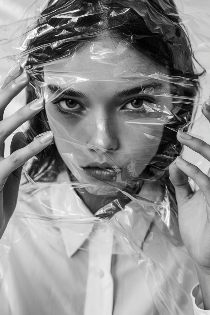 black and white portrait of a young woman's face partially obscured by crinkled translucent plastic sheeting, intense direct gaze piercing through the clear material, hands raised near her face pressing against the textured film, dark hair, light-colored button-up shirt, specular highlights gleaming on the heavily wrinkled synthetic barrier, sharp focus on the eyes, soft optical distortion caused by the plastic folds, high contrast lighting, avant-garde fashion photography, highly tactile composition