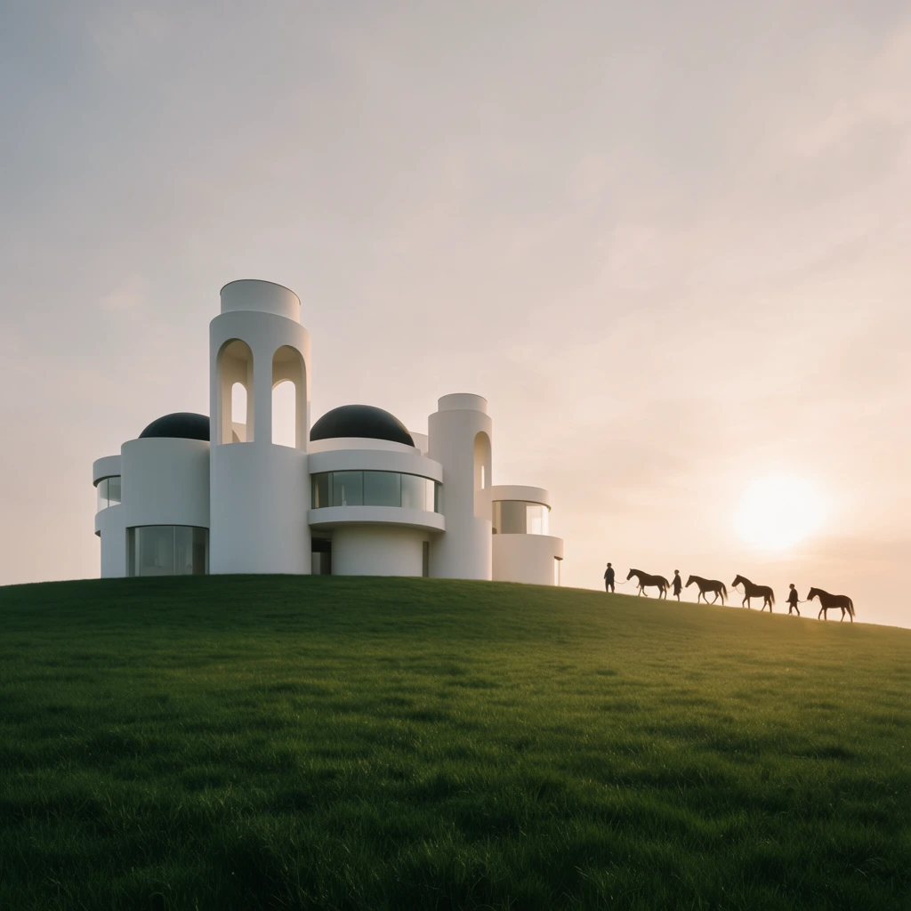 A modern, white curvilinear building rests atop a vibrant green hill beneath a hazy sky. The complex features interlocking cylindrical volumes, dark domed roofs, tall towers with arched cutouts, and large glass windows. Along the hill's rightward crest, silhouetted figures lead horses toward the diffused glow of a low sun. The wide-angle, low-perspective composition contrasts smooth geometric architecture with the sweeping meadow, bathed in warm, serene dawn lighting.