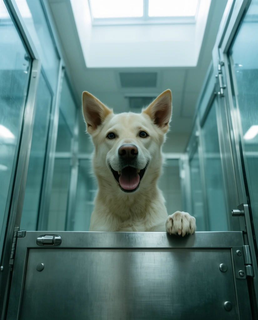 Low-angle shot of a light-colored dog with pointed ears looking over a brushed metal half-door in a clinical kennel. The dog pants with one paw resting on the ledge. Glass enclosures and a bright skylight frame the background under cool, sterile lighting.