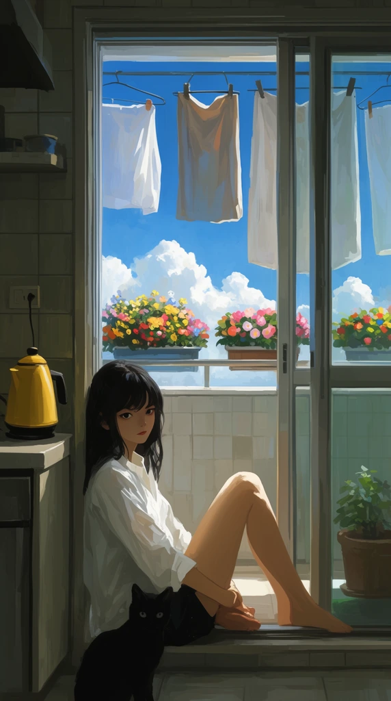young woman sitting by open sliding balcony door, white shirt, dark hair, black cat at her feet, dim tiled interior with yellow kettle, bright sunny balcony exterior, blue sky, fluffy clouds, drying laundry, blooming flower boxes, digital painting