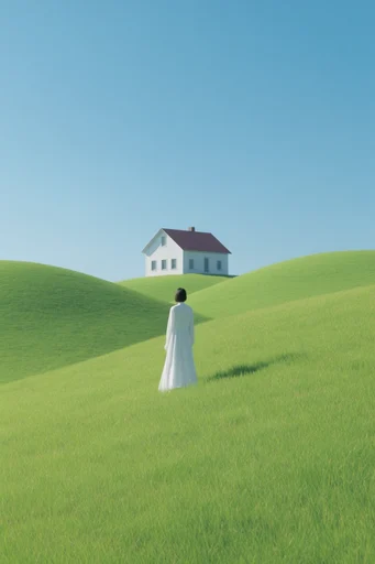 Surreal Liminal Pastoral style reference image — vibrant blue sky