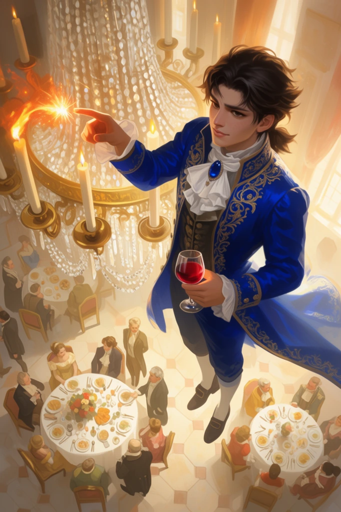 Viewed from a dramatic high angle, a young man gracefully floats mid-air in a sunlit ballroom. He wears an ornate royal blue coat with gold embroidery, a white ruffled shirt, and a blue pendant. Suspended beside a massive, tiered crystal chandelier, he holds a glass of red wine and extends one finger to cast a fiery magical spark that ignites a candle. Far below on a geometric tiled floor, miniature guests in formal period attire mingle around circular banquet tables. The painterly digital illustration features a warm, glowing atmosphere with soft, luminous lighting.