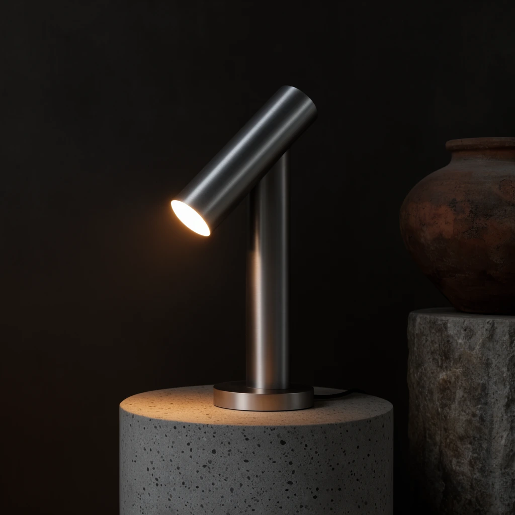 A minimalist brushed-metal lamp with an angled tubular shade rests on a speckled concrete pedestal, casting a warm glow on a dark background. Beside it, a rustic clay pot sits on a stone column in moody, low-key lighting.