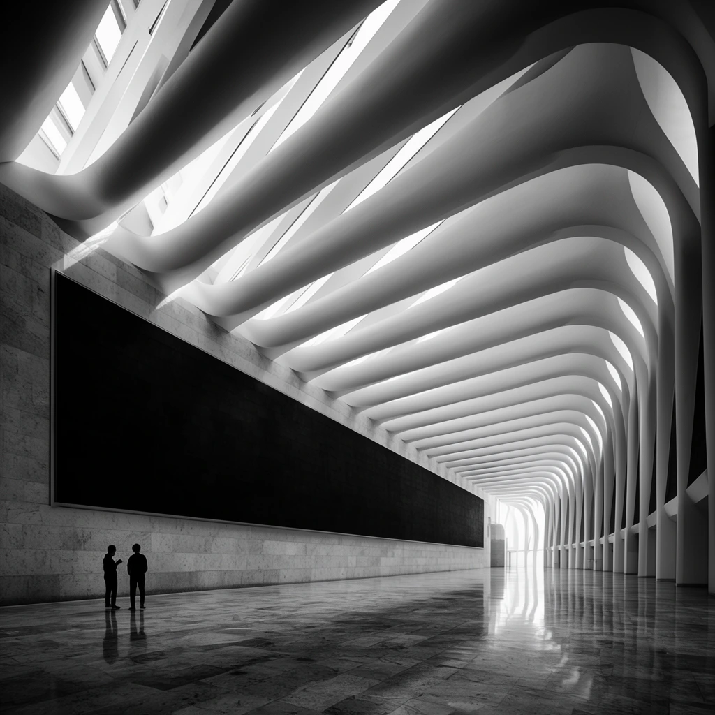 high-contrast black and white architectural photography, monumental futuristic interior, sweeping ceiling with repeating massive white curved structural ribs, bright natural light filtering through deep ceiling crevices, vast polished reflective stone floor, enormous dark rectangular accent wall stretching along the left, two tiny silhouetted human figures standing together in the lower left corner emphasizing immense scale, dramatic chiaroscuro, deep vanishing point perspective, clean geometric lines