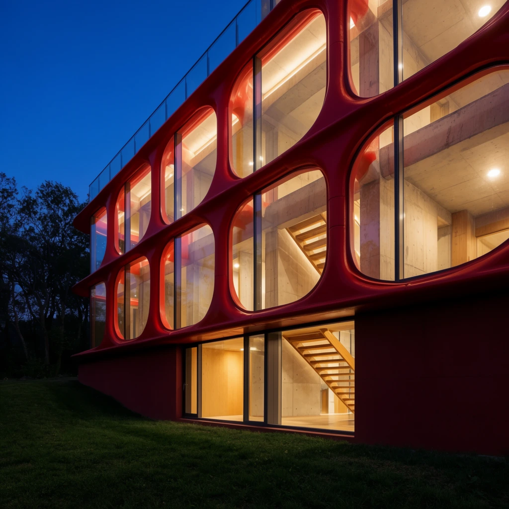 modern architectural building at twilight, bold red organic structural frame with curved cellular shapes, large floor-to-ceiling glass windows, warm glowing interior lighting across multiple levels, wooden staircase with open treads visible inside, exposed concrete walls, solid dark red lower exterior section, dark green grassy slope in the foreground, silhouetted trees against a deep blue evening sky, low angle perspective looking up, architectural photography, high contrast of warm interior and cool exterior light