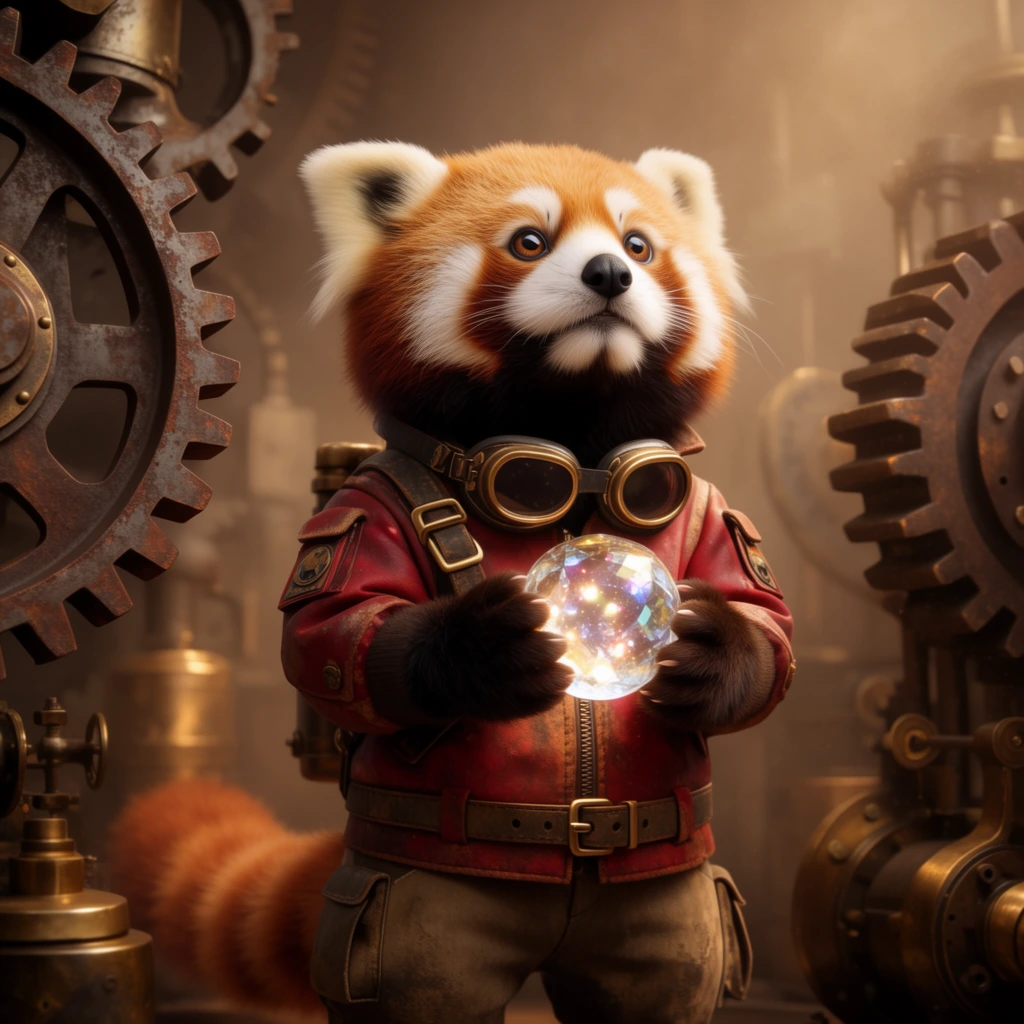 An anthropomorphic red panda stands attentively in a dusty steampunk workshop, clutching a glowing crystal orb in its paws. The creature wears a weathered crimson aviator jacket adorned with brass buckles and thick goggles resting around its neck. It gazes upward with large, expressive eyes. Flanking the panda on both sides are massive, rusted iron cogs and heavy brass machinery, dwarfing its small stature. Warm, diffused amber light filters through a hazy atmosphere, highlighting the textured fur and the intricate metallic details of the environment. The composition uses a low camera angle, emphasizing the scale difference between the small animal and the towering mechanical structures.