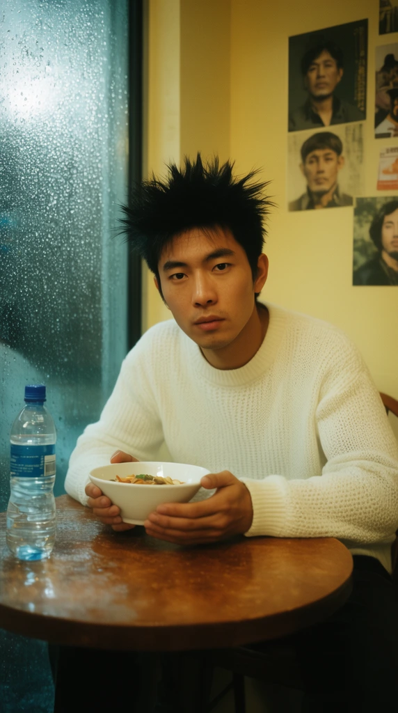 man holding a white bowl at a round wooden table, spiky black hair, white sweater, direct gaze, water bottle, rainy window, pale yellow walls, portrait posters, warm cinematic lighting