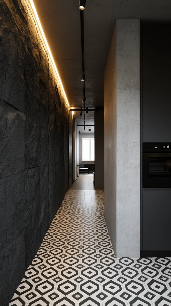 modern industrial interior hallway, dark gray textured stone wall illuminated by warm LED strip lights, patterned monochrome geometric floor tiles, light gray concrete pillar, dark matte cabinets with built-in black oven, background hallway leading to bright room with window, ceiling track lighting, architectural photography, high contrast