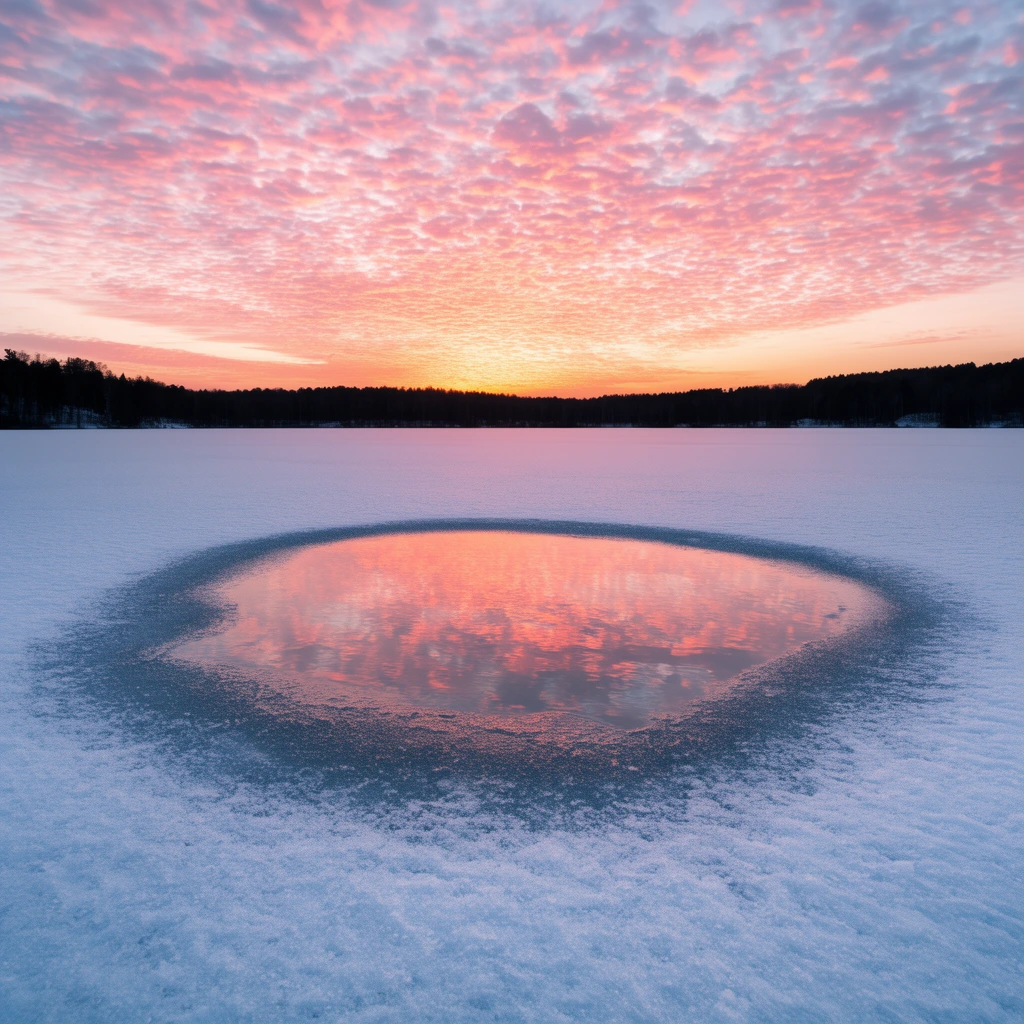 melted oval puddle on a frozen lake reflecting a vibrant pink and orange sunset, textured altocumulus clouds, dark treeline silhouette at the horizon, wide-angle landscape photography, sharp icy snow texture, serene golden hour lighting