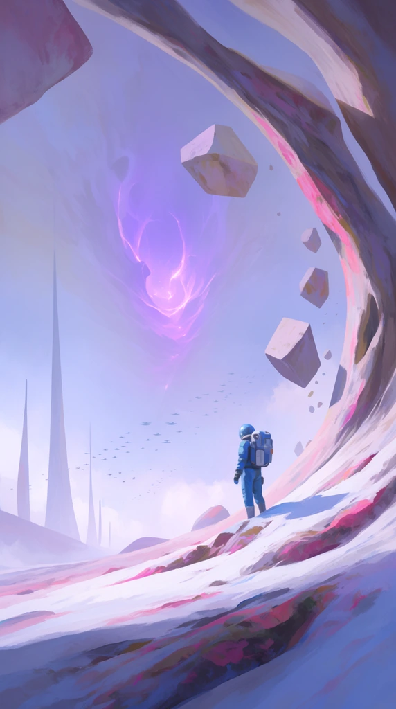 lone explorer in a blue spacesuit with backpack standing on a snowy alien ridge, facing a glowing purple energy rift in the sky, sweeping curved rock formations tinged with pink mineral deposits framing the right foreground, floating geometric boulders suspended mid-air, distant swarm of small flying silhouettes, tall thin spires on a misty horizon, pastel color palette of lavender and pale blue, painterly brushstrokes, atmospheric sci-fi concept art, surreal wide-angle composition