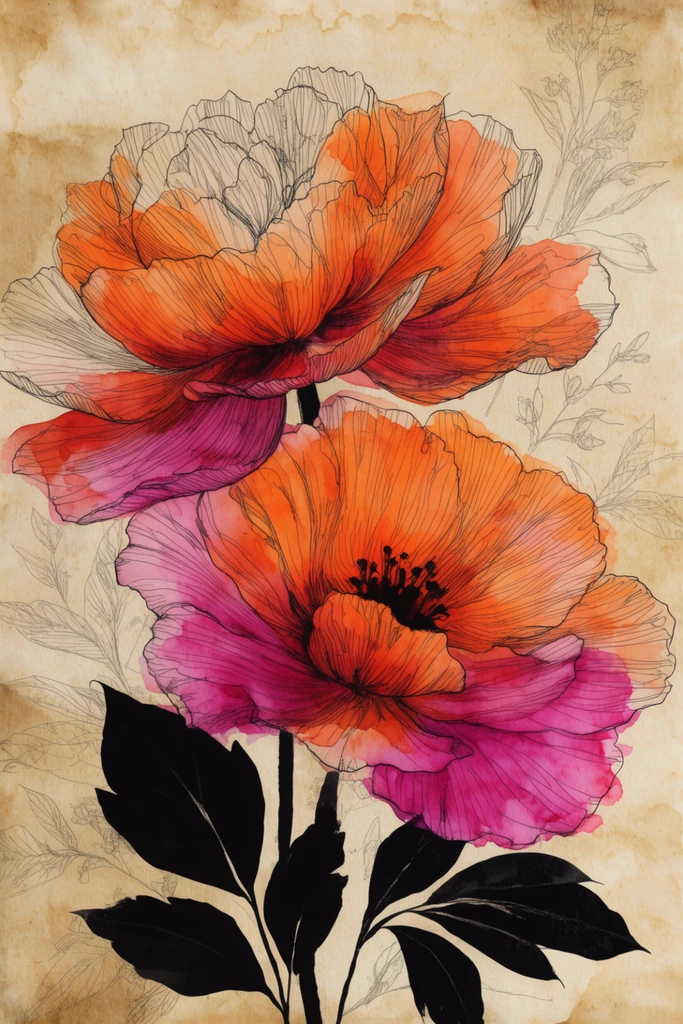 Mixed-media botanical illustration of two large blooms layered over aged parchment. Vibrant orange and magenta watercolor washes fill delicate black ink petal outlines. Solid black leaf silhouettes anchor the base against a sepia background textured with faint, uncolored sketch lines of foliage.