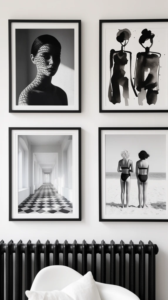 A gallery wall displays four black-framed, white-matted monochromatic artworks arranged on a crisp white surface. The top left features a high-contrast portrait of a woman patterned by a mesh shadow, paired on the right with a bold black ink wash painting of two stylized figures. Below these, one photograph presents a deep architectural perspective of a brightly lit corridor with a checkered floor, while the adjacent print captures the backs of two figures in swimwear on a bright beach. The lower foreground reveals the heavy ribs of a black cast iron radiator, a curved white chair back, and a soft white cushion. Soft natural light highlights the minimalist, high-contrast interior design.