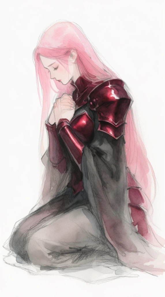 A minimalist watercolor and pencil sketch of a kneeling woman with long flowing pink hair, wearing dark metallic crimson armor over draped charcoal robes. She bows her head with hands clasped tightly against her chest in a somber pose. The artwork features loose, expressive graphite linework layered with soft, translucent washes of color. Rendered with an ethereal, delicate aesthetic, the central figure is completely isolated against a stark, unpainted white background.
