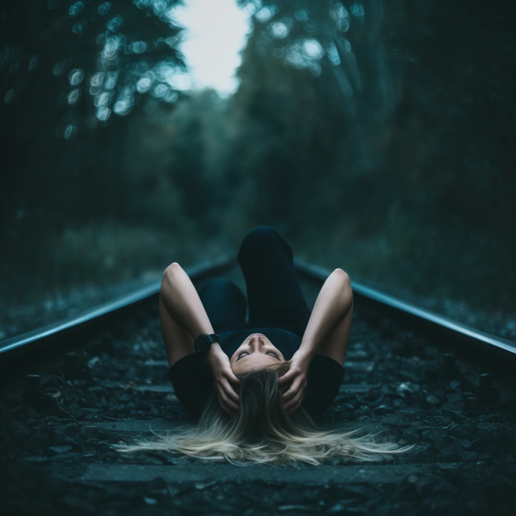 woman lying on her back between railroad tracks, head towards viewer, blonde hair splayed on dark gravel, hands resting on head, elbows bent upwards, dark clothing, black wristwatch, steel rails converging into distance, ground-level perspective, moody dark teal color grading, shallow depth of field, blurred forest background with swirly bokeh