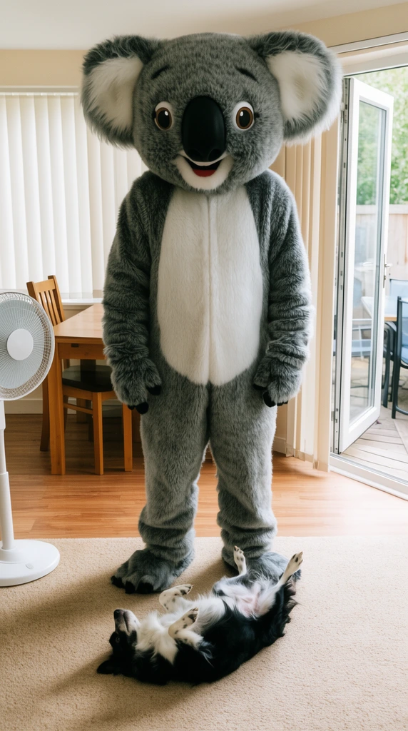 A person wearing a massive grey and white koala mascot suit stands indoors, towering over a small black and white dog lying on its back with legs splayed on a beige carpet. The candid, brightly lit domestic snapshot features wood laminate floors, a white pedestal fan, a wooden dining table, vertical window blinds, and an open glass door leading to an outdoor patio.