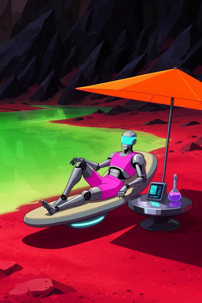 A sleek silver humanoid robot in neon pink surfing gear reclines on a floating hover-lounger on crimson Martian sand. A cyan visor covers its face. Beside the robot, a metallic table holds a glowing console and a purple fluid flask. A neon orange parasol casts a sharp diagonal shadow. A glowing green lake extends toward jagged obsidian cliffs. Cel-shaded 2D animation style with crisp lighting.