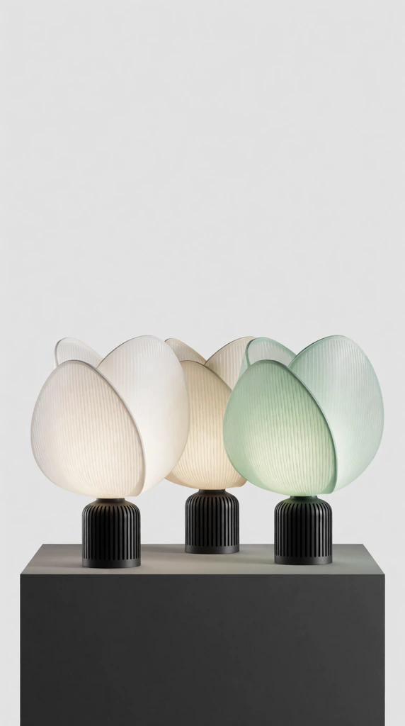 Three sculptural table lamps, translucent ribbed petal diffusers, white beige and mint green variations, black slotted cylindrical bases, dark gray display plinth, light gray background, soft studio lighting, minimalist product photography