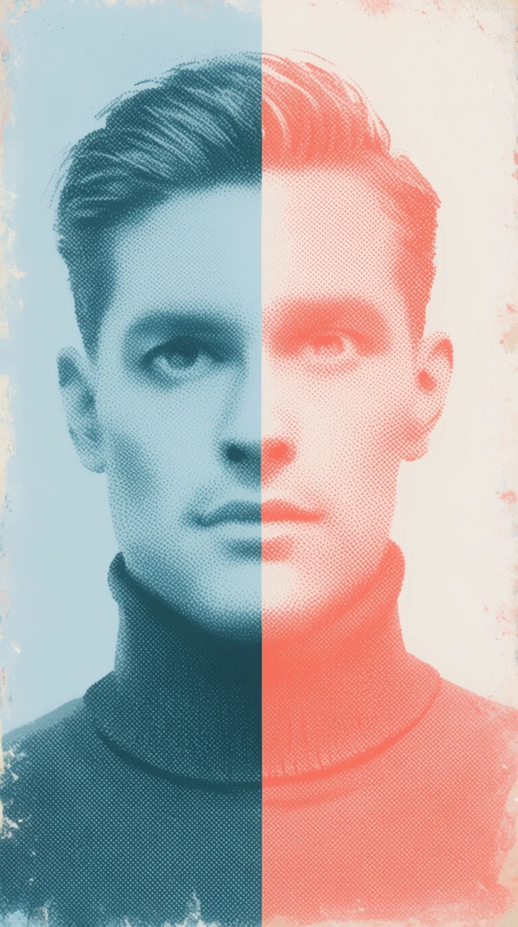 A split halftone portrait of a man in a turtleneck. The left side features teal dots on pale blue; the right uses coral dots on off-white. A sharp vertical line bisects the face, finished with distressed, vintage edge textures.