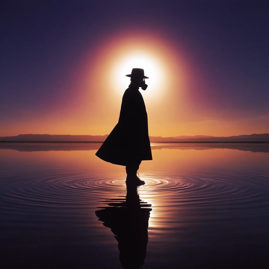 central silhouetted figure in shallow mirrored water, wide-brimmed hat, flowing coat, gas mask profile, blinding solar halo directly behind head, extreme backlight, concentric water ripples, vast horizon, deep violet to bright orange gradient sky, cinematic landscape photography, perfect symmetrical reflection