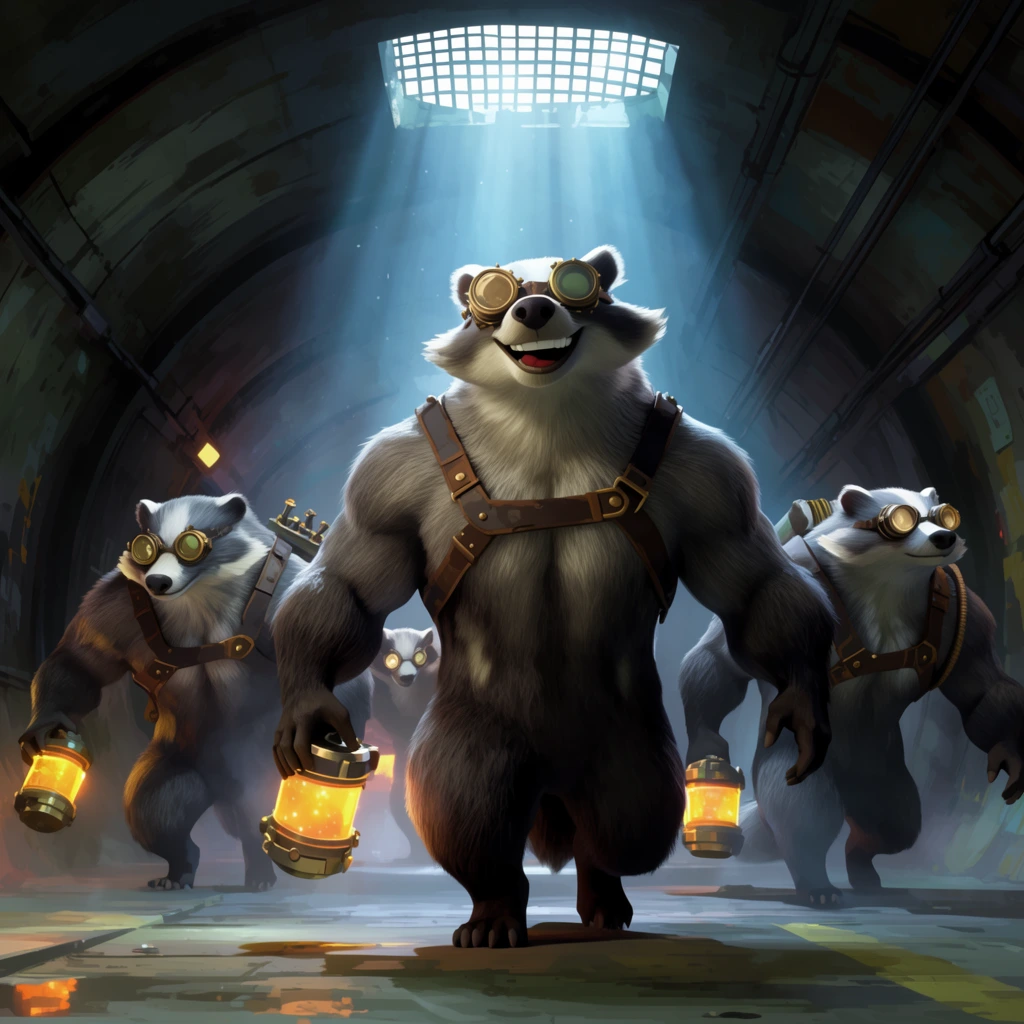 four muscular humanoid badgers walking through a dark arched cyberpunk subway tunnel, carrying glowing energy canisters, wearing steampunk goggles and leather harnesses, thick grey fur, leading badger smiling widely looking up at a bright shaft of blue light from a ceiling grate, cinematic rim lighting, misty atmosphere, stylized 3D animation, painterly textures, wide shot