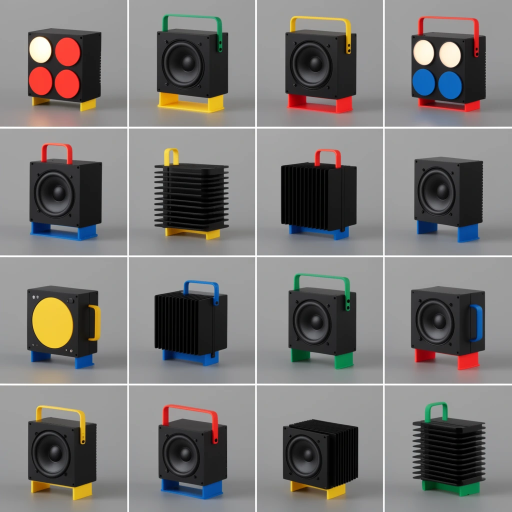 grid of eighteen square panels displaying modular electronic devices, minimalist industrial design, matte black enclosures, bright primary color accents in red yellow blue and green, exposed speaker cones, circular lights, geometric shapes, attached handles, colored stands, finned heat sinks, flat grey background, clean studio lighting, uniform product photography