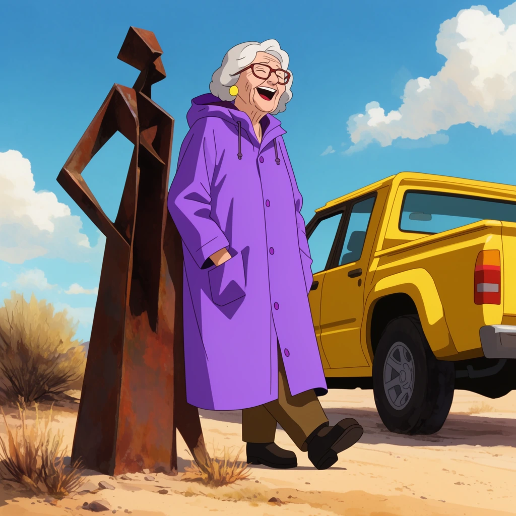 Elderly woman in a long purple raincoat laughing, leaning casually against a rusted metal abstract sculpture, bright yellow pickup truck parked behind, sandy desert road, sparse dry brush, 2D animation style, bright midday sunlight, low camera angle