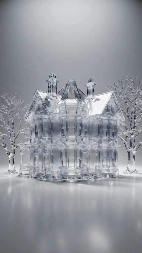 hyper-realistic two-story victorian house made of translucent polished glass, leafless bare trees rendered in refractive crystal, minimalist monochromatic gray studio background, elegant overhead lighting creating soft caustic reflections, high-end 3d cgi aesthetic, sharp architectural edges with delicate highlights, shallow depth of field, ethereal and fragile atmosphere, clean minimalist composition, silver and white tones, sleek professional finish